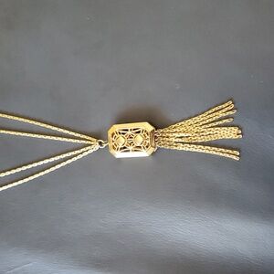Vintage MONET signed Gold Tone Double Chain Tassel Fillagree Pendant Necklace